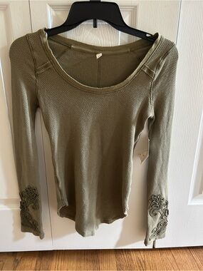 Free People Olive Green Waffle Knit Long Sleeve with Embroidered Cuffs